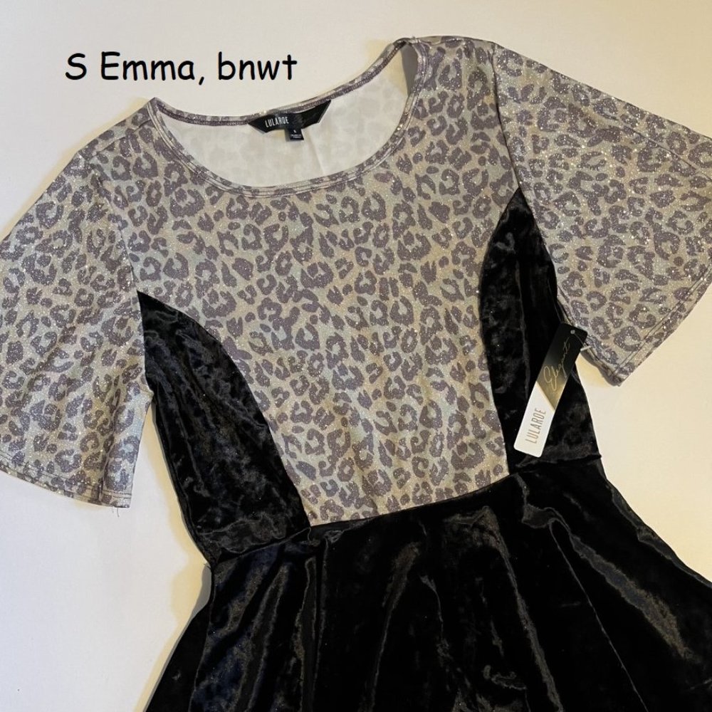 Small Lularoe Emma top, sparkly leopard print, black velvet